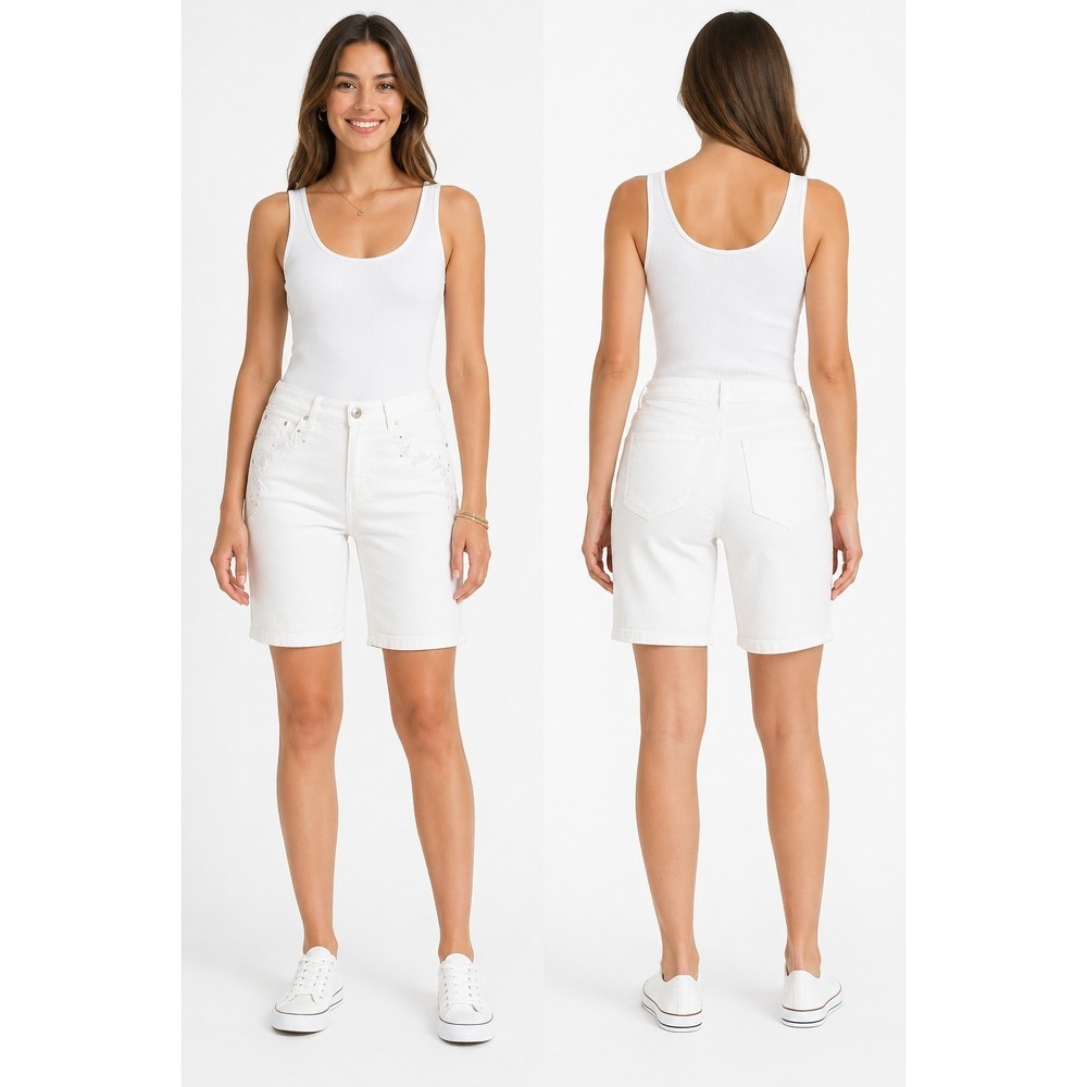 Gloria Vanderbilt White Denim Shorts Womens Embroidered Bling Size 10 Golf Short